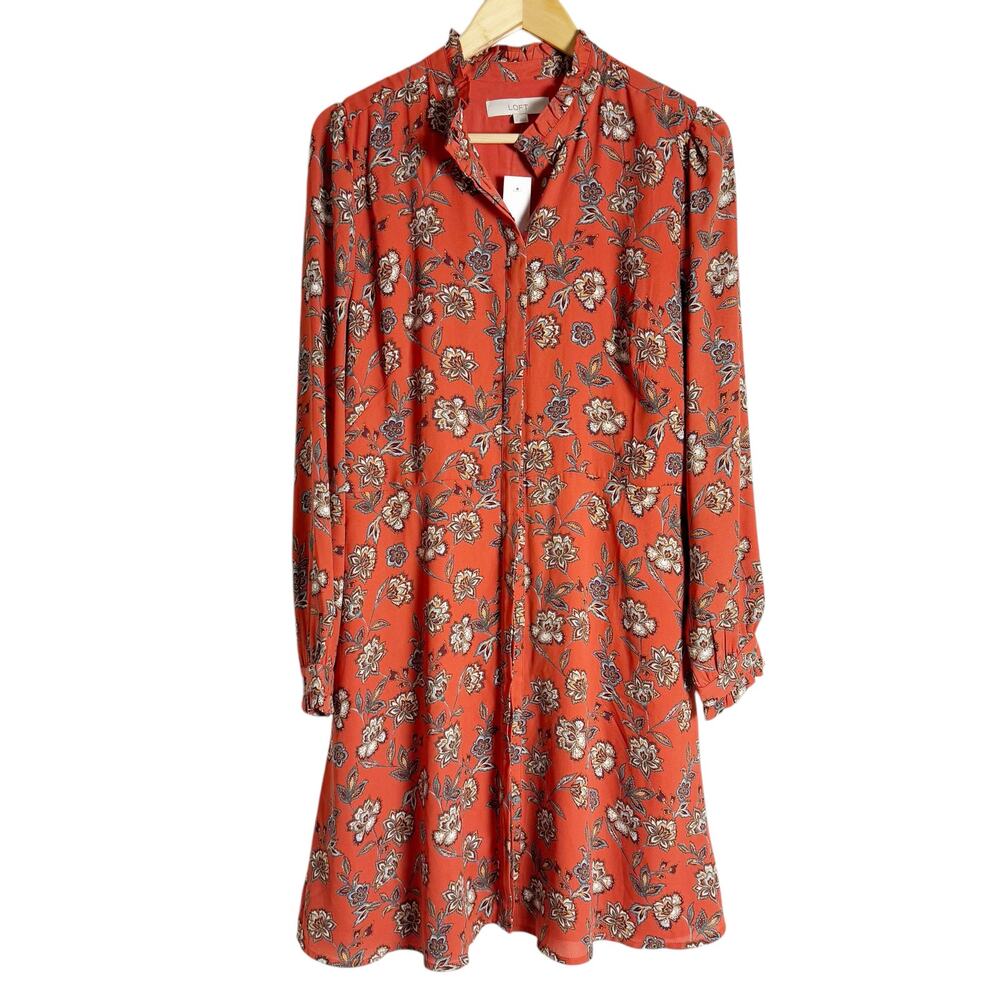 LOFT Rust Orange Floral Print Long Sleeve A-Line Button Front Mock Neck Dress 12